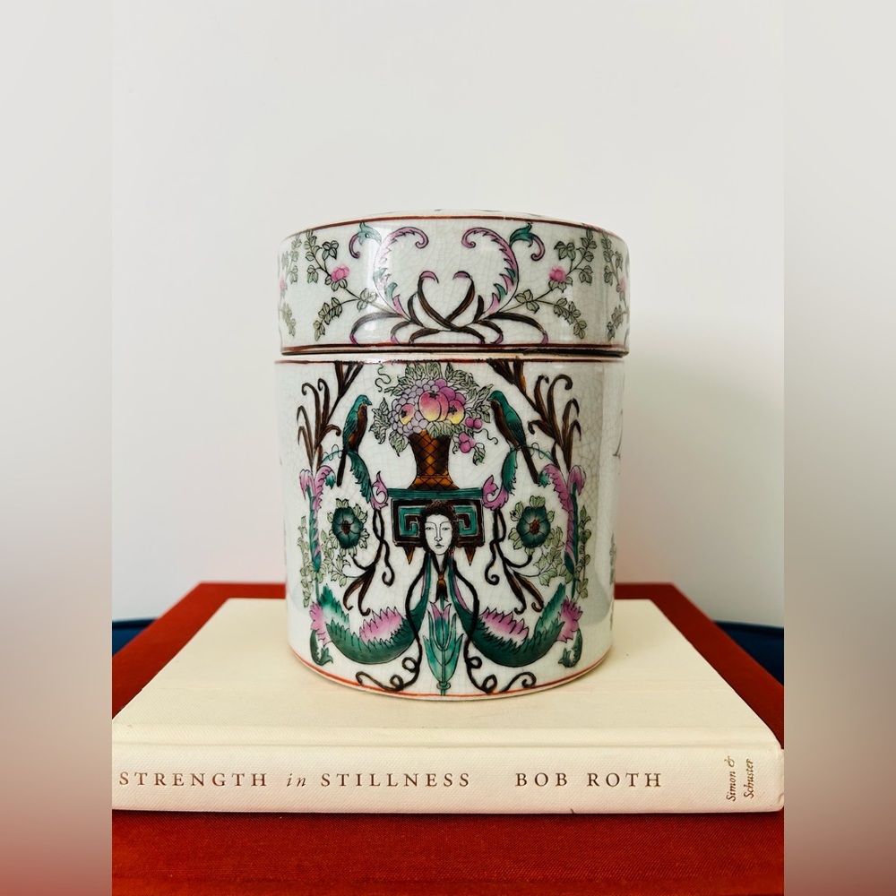 Vintage Porcelain Lidded Jar | Hand Painted Floral & Bird Chinoiserie Design - Picture 2 of 6